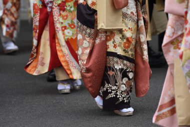 Young Japanese women wearing traditional Kimono for the coming of age day celebration. clipart