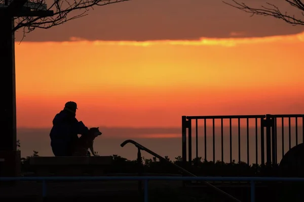 Silhouette Sunrise Old Man Dog — Stock Photo, Image