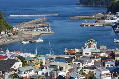 Japon Kanagawa Manazuru pelerini. Eski volkanik patlamadan oluşan lav kıyıları.