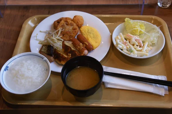 Japanese Budget Hotel Breakfast Buffet Food — Stock Photo, Image