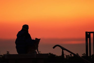 Gün doğumunun silueti Yaşlı adam ve köpek