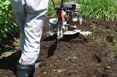 Mutfak bahçesinde yürüyen bir ekiciyle toprak hazırlama sahnesi..