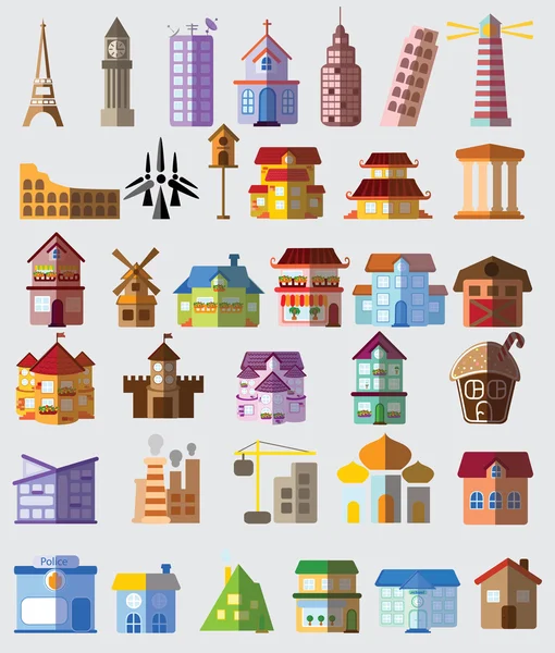 Huizen en beroemde bouw pictogrammen — Stockvector