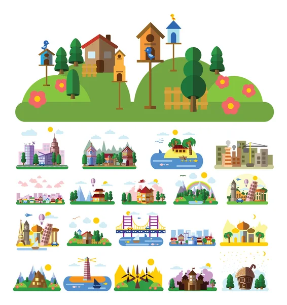 Casas y famosos iconos de la construcción — Vector de stock