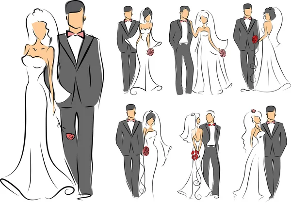 Elegante novia y novio conjunto — Vector de stock