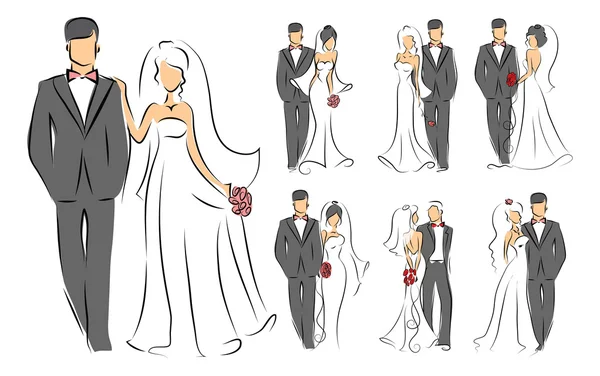 Elegante novia y novio conjunto — Vector de stock