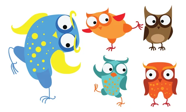 Búhos de dibujos animados aves — Vector de stock