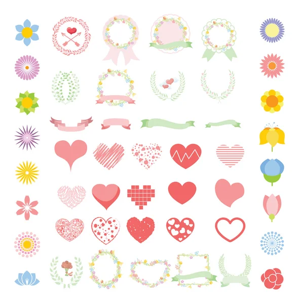 Flores y corazones establecidos — Archivo Imágenes Vectoriales