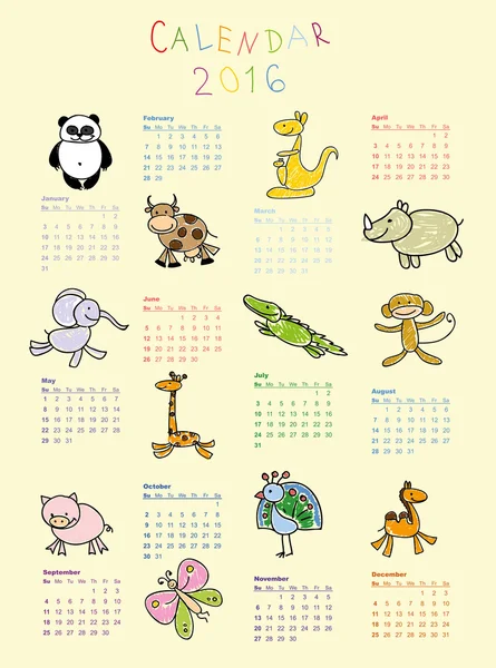 Doodle zwierząt kalendarz 2016 — Wektor stockowy