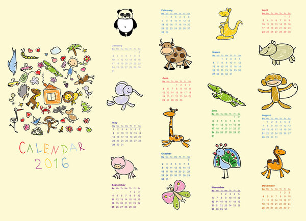  doodle animals Calendar 2016