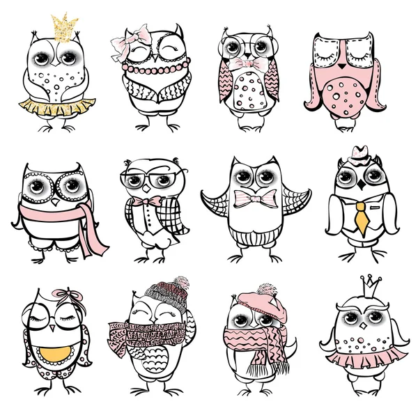 Cute hipster owls — Stock Vector