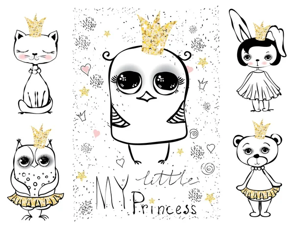Lindos animales princesa para tarjeta de felicitación — Archivo Imágenes Vectoriales