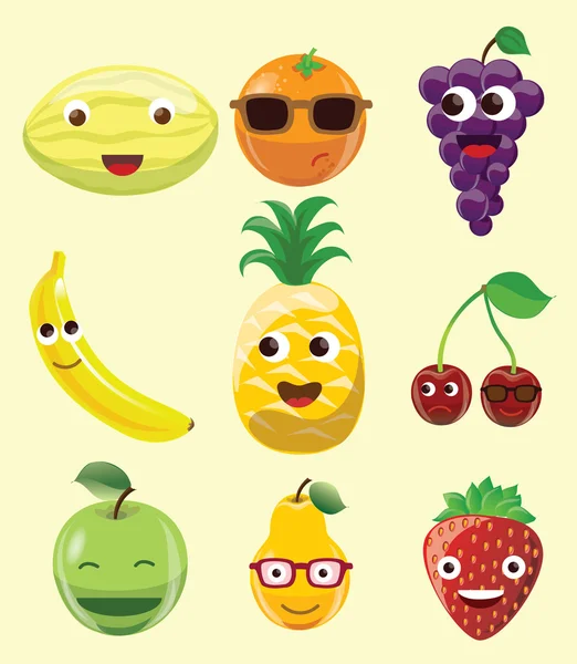 Frutas de dibujos animados con caras lindas — Archivo Imágenes Vectoriales