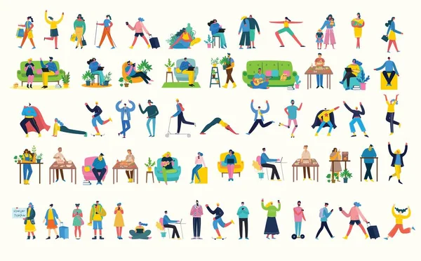Vector illustration backgrounds in flat design of group people doing different activity — Stock Vector