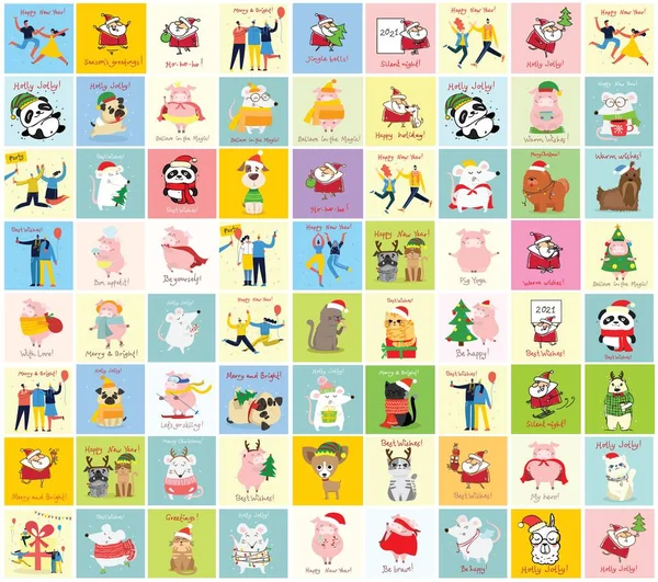 Ilustración vectorial de gatos, cerdos, ratas y perros navideños con felicitaciones de Navidad y año nuevo. — Archivo Imágenes Vectoriales
