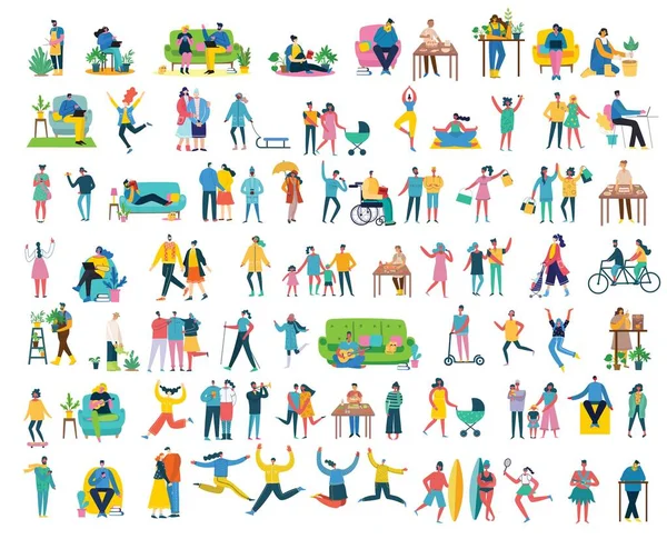 Vector illustration backgrounds in flat design of group people doing different activity — Stock Vector