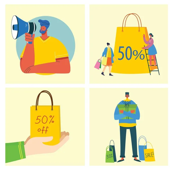 Ilustración Vectorial Concepto Compras Con Diferentes Personas Para Desarrollo Sitios — Archivo Imágenes Vectoriales