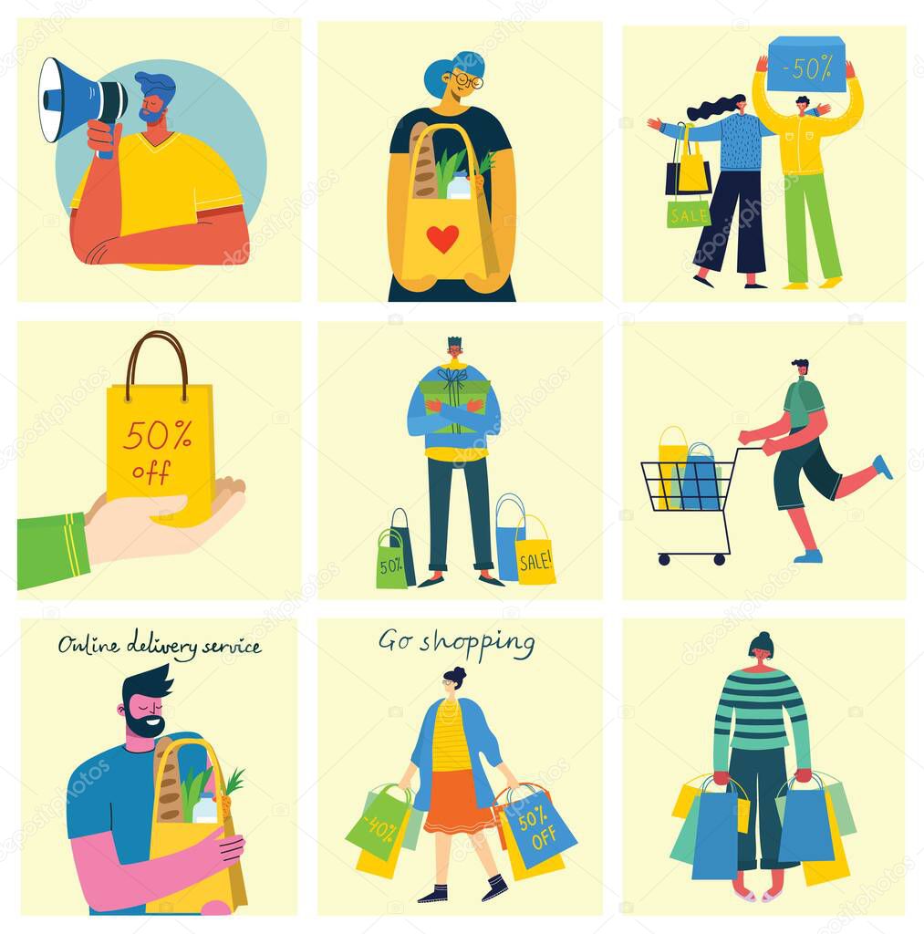 Vector illustration Shopping concept with different people for website and mobile website development in the flat design