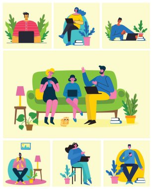 Çevrimiçi konsept illüstrasyon giy. Genç adam konferans yapmak için masaüstü ve dizüstü bilgisayarında görüntülü sohbet kullanıyor. Evden biraz uzakta çalış. Düz modern vektör illüstrasyonu.