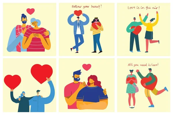 Vector Valentine Illustrationskarten von glücklichen verliebten Paaren — Stockvektor