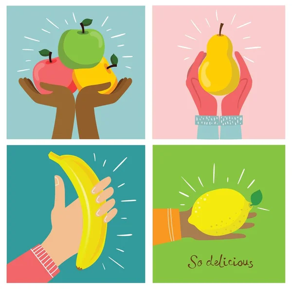 Grupo Frutas Frescas Con Las Manos Concepto Dieta Ilustraciones Vectoriales — Archivo Imágenes Vectoriales