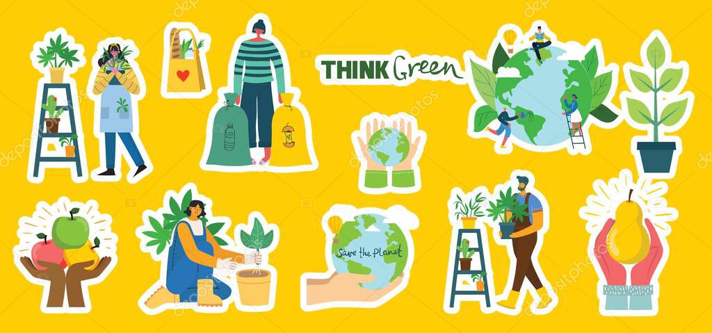 Set of eco save environment stickers pictures. People taking care of planet collage. Zero waste, think green, save the planet, our home hand written text in the modern flat design