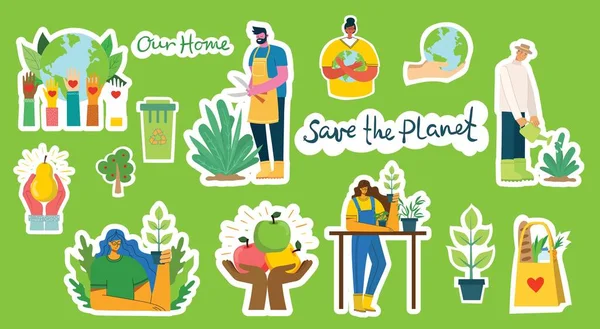 Uppsättning Eco Spara Miljö Klistermärken Bilder Folk Som Tar Hand — Stock vektor