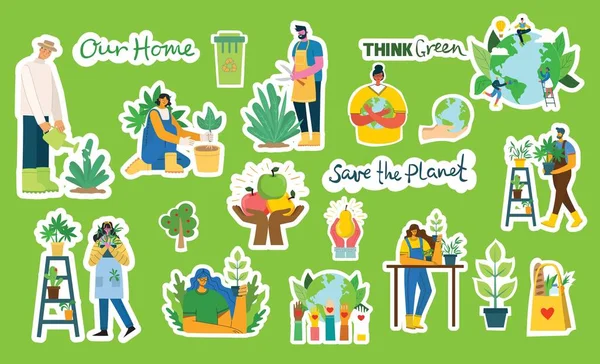 Uppsättning Eco Spara Miljö Klistermärken Bilder Folk Som Tar Hand — Stock vektor