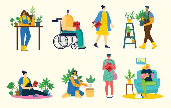 Останься и работай дома. Родители и ребенок дома и с помощью цифрового устройства, чтение книги и играть на гитаре. Инфографические элементы дизайна хобби векторная иллюстрация в плоском дизайне