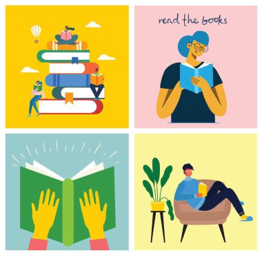 Kitabı oku. Kitap yığınının üzerinde oturan insanların kitap okuduğu bir resim.