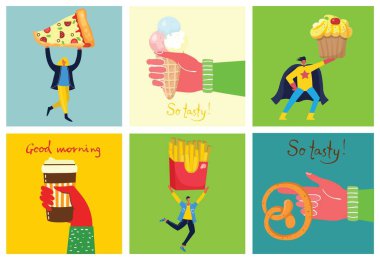 Farklı yemekleri olan insanlar. Düz biçim vektör çizimi beyaz arkaplanda izole edildi.