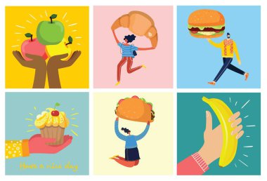 Farklı yemekleri olan insanlar. Düz biçim vektör çizimi beyaz arkaplanda izole edildi.