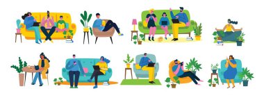 Kal ve evde çalış. Evdeki insanlar dijital cihaz kullanıyor, kitap okuyor ve gitar çalıyorlar..