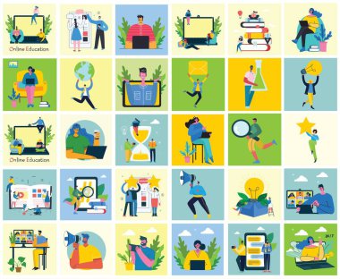 Çevrimiçi konsept illüstrasyon giy. Genç adam konferans yapmak için masaüstü ve dizüstü bilgisayarında görüntülü sohbet kullanıyor.