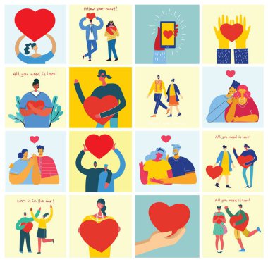 İhtiyacın olan tek şey aşk. Eller ve kalpleri aşk masajı gibi olan insanlar. Sevgililer Günü resimli kartlar. Düz stil aşık mutlu çiftler.