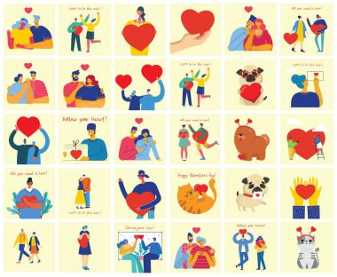 İhtiyacın olan tek şey aşk. Eller ve kalpleri aşk masajı gibi olan insanlar. Sevgililer Günü resimli kartlar. Düz stil aşık mutlu çiftler.