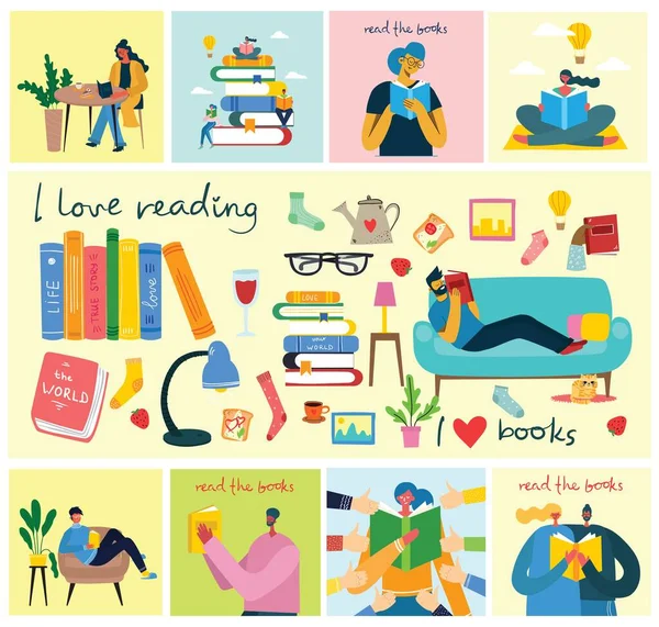 Baca Bukunya Ilustrasi Dari Orang Orang Yang Membaca Buku Sambil - Stok Vektor