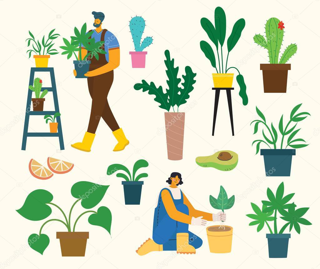 Vector set of village people with organic food, flowers and plants in the flat design