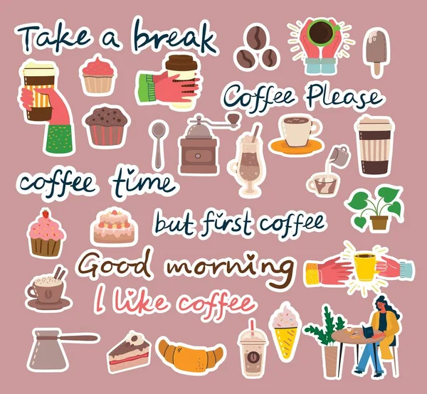 Kaffee Set Aufkleber Illustrationen Die Leute Verbringen Ihre Zeit Der — Stockvektor