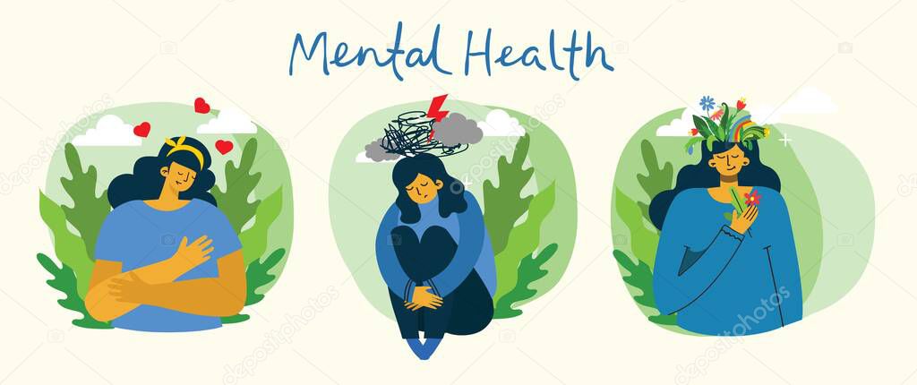 Mental health illustration concept. Depression. Young man and woman with storm in head. Psychology visual interpretation of mental health in the flat design