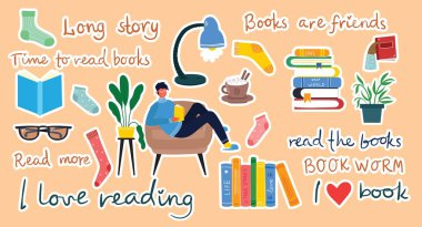 Kitabı oku. Kitapla bir dizi farklı illüstrasyon ve düz bir tarzda kitap yığını üzerinde otururken insanlar kitap okuyor.