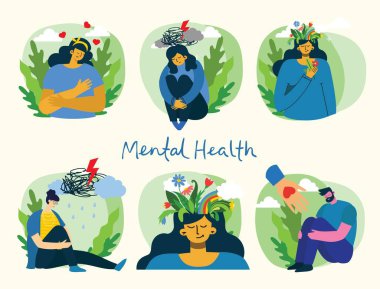 Akıl sağlığı illüstrasyon konsepti. Depresyon. Kafasında fırtınalar olan genç bir adam ve kadın. Düz tasarımda ruh sağlığının psikolojik görsel yorumu