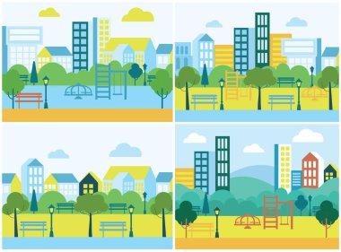 Çimenli ve ağaçlı halka açık alan. Yürümek için ve çocuk parkı olan şehirde dinlenmek için. Vektör kentsel manzara arkaplan çizimi.