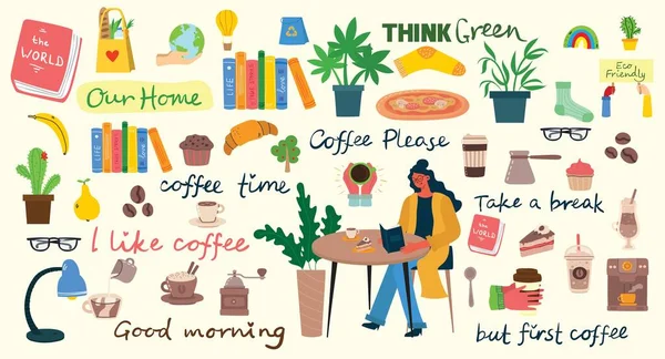 Koffie set vector illustraties. Mensen brengen hun tijd door in de cafetaria, drinken cappuccino, latte, espresso en eten desserts — Stockvector