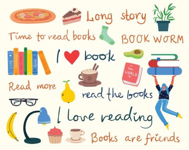 Kitabı oku. Kitap yığınının üzerinde oturan insanların kitap okuduğu bir resim.