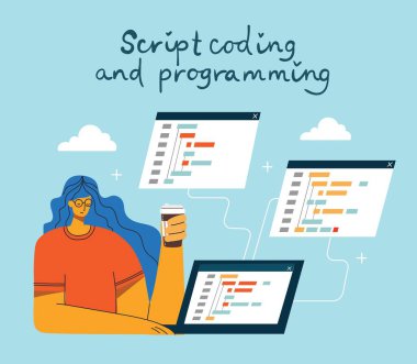Programlama ve kodlama, Web sitesi geliştirme, Web tasarımı. Düz tasarım modern vektör illüstrasyon kavramı.