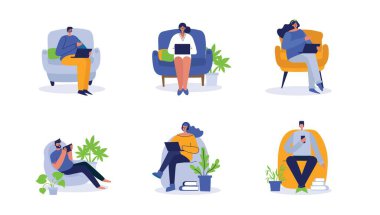 Bilgisayar ve ev ve ofis düz simgelerinde çalışan insanlar izole edilmiş vektör illüstrasyonu