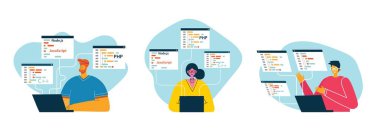 Programlama ve kodlama, web sitesi geliştirme, web tasarımı. Düz stil tasarım modern vektör illüstrasyon kavramı.