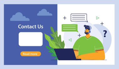 Yazıtta yazan yakışıklı iş adamı bizimle irtibata geçti. Çizgi film karakteri. Düz dizayn olarak stok vektör illüstrasyonu.