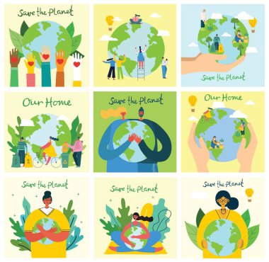 Dünya günü konsepti. Uzayda yüzen küreyi tutan insan elleri. Gezegenimizi kurtarın. Düz biçim vektör izole çizimi.